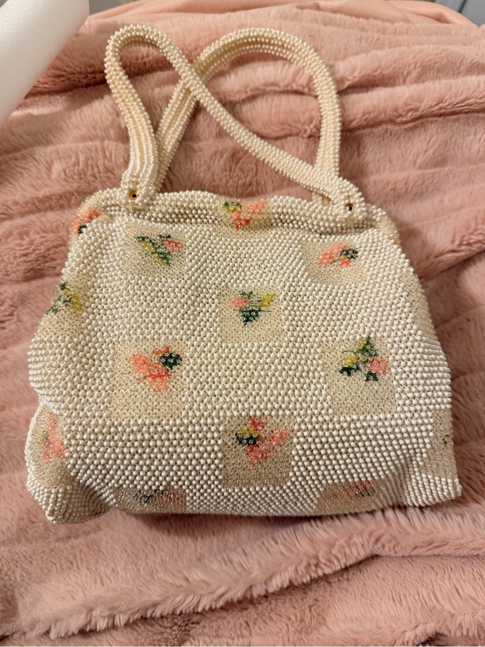 1950 Vintage Lumered Hand Beaded Pearl Floral Handbag Ivory Evening Purse